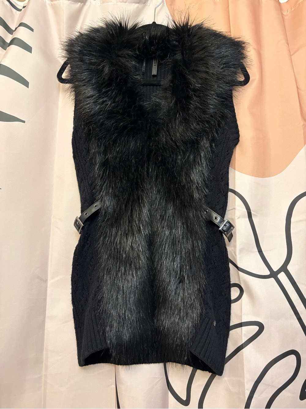 Guess Black Faux Fur Belted Vest